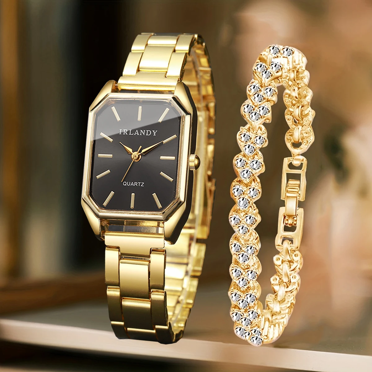 2 uds. Reloj de cuarzo rectangular a la moda para mujer, conjunto de pulsera con diamantes de imitación, relojes de pulsera elegantes para mujer, reloj femenino (sin caja)