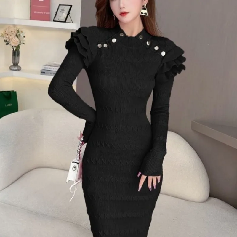 

Women's Autumn Winter New Fashion Elegant High Necked Bubble Style Versatile Long Sleeved Slim Fit Mid Length Wrapped Hip Dress