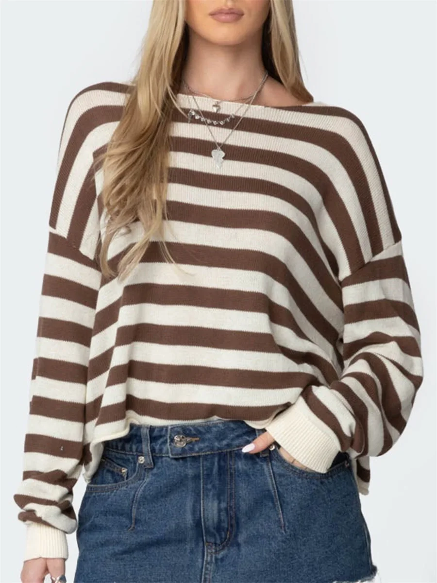 Women s Cozy Oversized Knit Pullover Sweater with Ribbed Round Neckline and Stylish Striped Design for Fall Winter Casual Wear