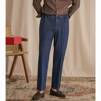 Vintage Cotton Men Jeans Suit Pants Elastic High Waisted Straight Trousers British Business Style Casual Naples Denim Pant 1