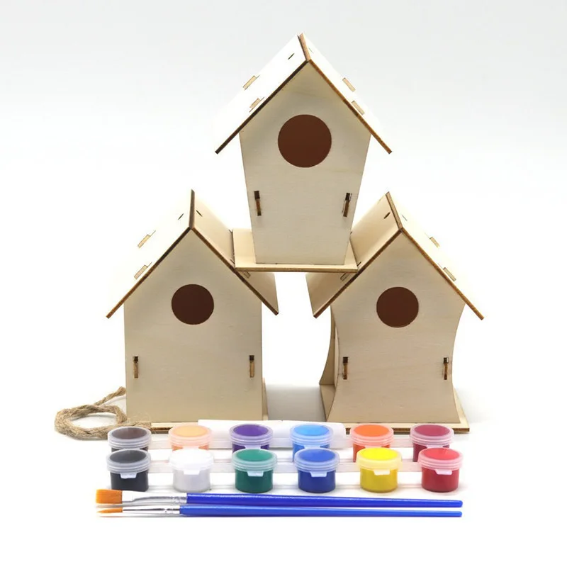 DIY Wooden Bird House Toy Set Children's Graffiti Bird's Nest and Cage