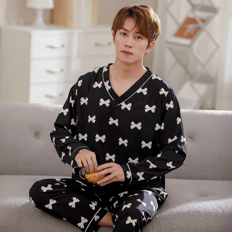Spring couple pajamas long-sleeved suit silk cotton household clothes women's V-neck pullover simple casual men's thin pajamas