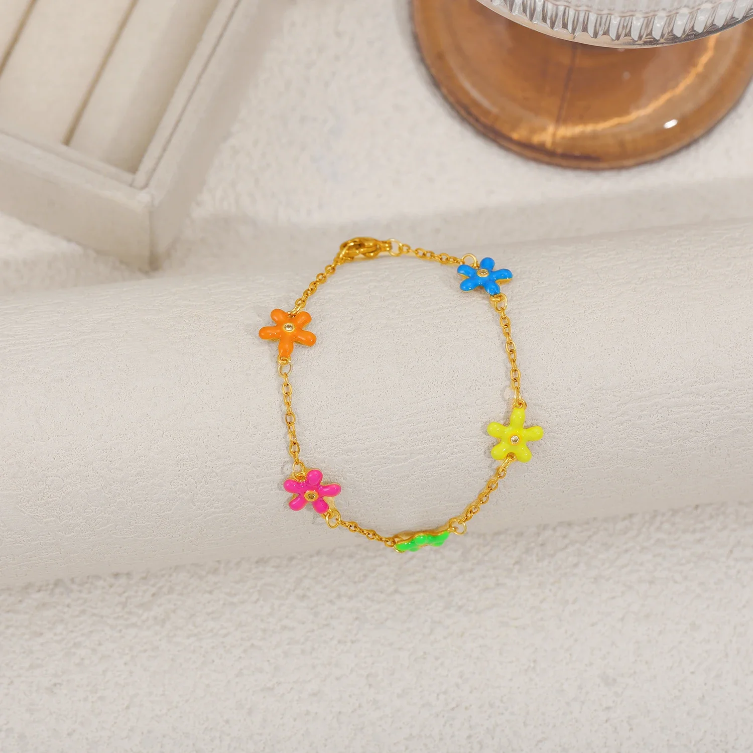 Multicolour Mini Wildeflower Daisy Bracelets Handmade Gold Color Anklet Chain Enamel Flower Adjust Bangle Bracelets Party Gift