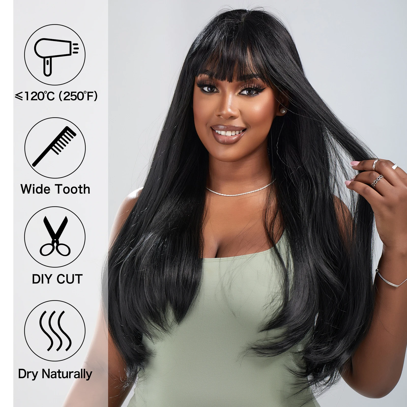 Long Black Straight Wigs for Women Dark Daily Wig Synthetic Wigs with Bangs Heat Resistant Fiber Natural Looking Hair_voghion.com