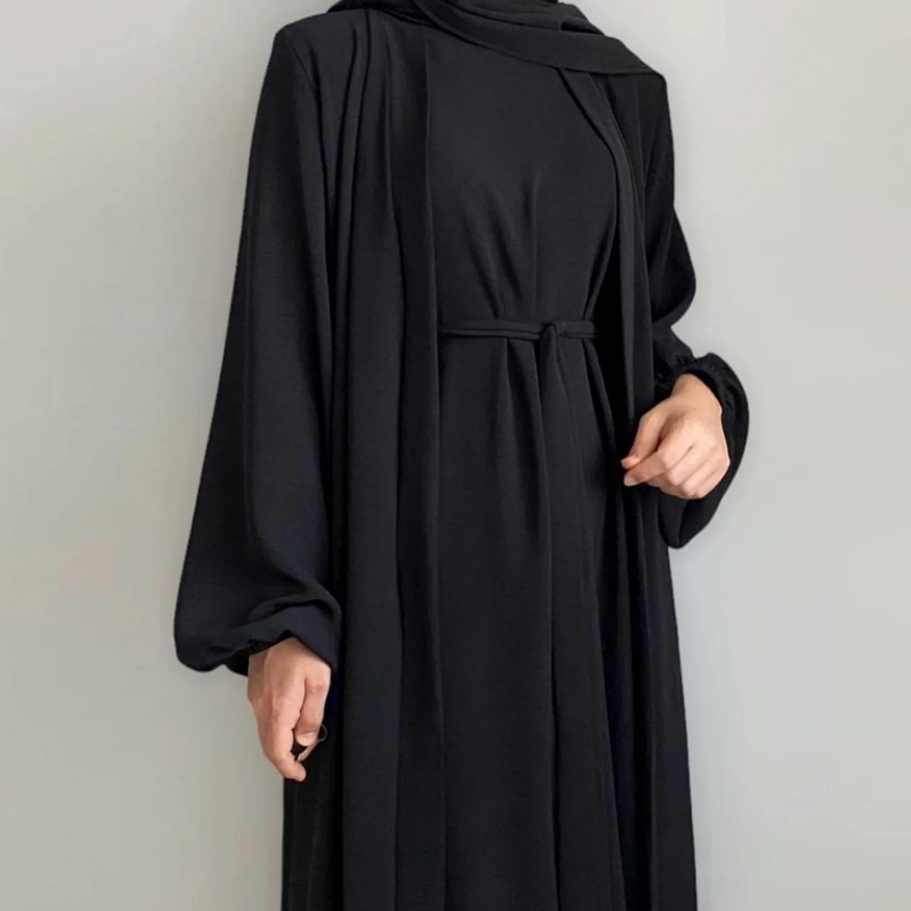 Abaya Kimono and Hijab 2 Piece Set Slip Sleeveless Dress Matching Muslim Sets Abayas for Women Dubai Turkey Africa Islam Clothes