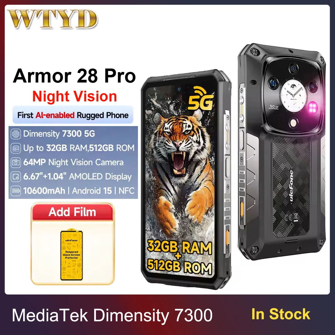 Ulefone Armor 28 Pro 5G AI Rugged Phone 16GB+512GB 10600mAh 6.67'' AMOLED Android 15 64MP 120W Dimensity 7300 Smartphone