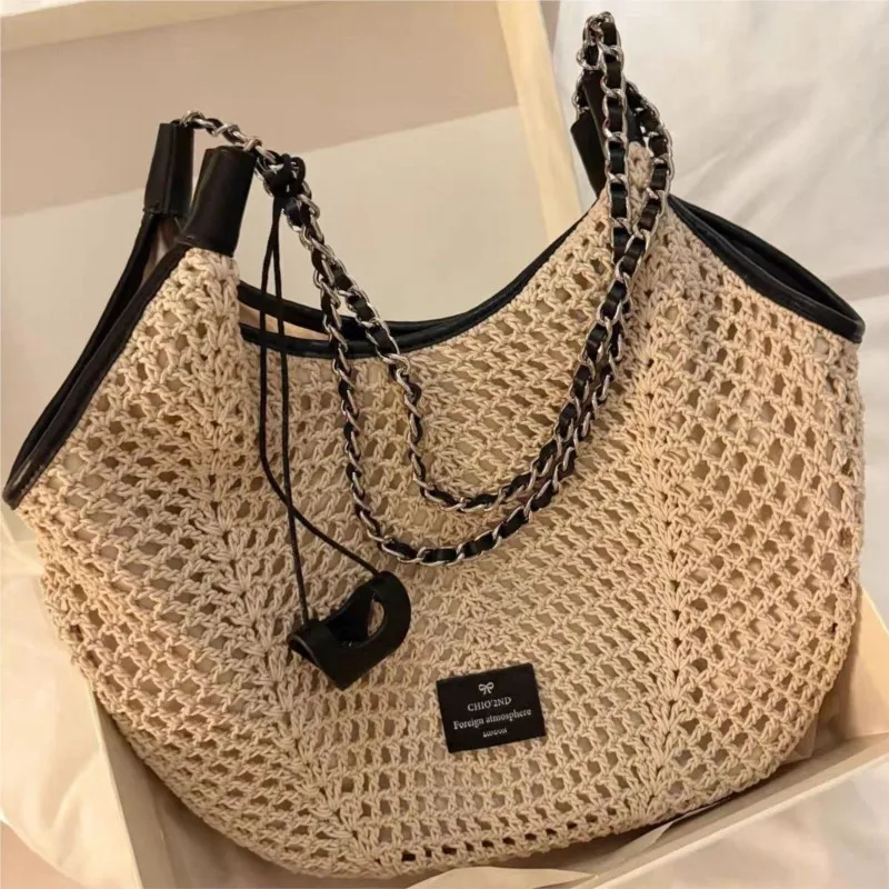 Beige Woven Grid Hollow Out Tote Bag Women Handmade Large Capacity Shoulder Bag Ladies Casual Seaside Vacation Beach Handbag New