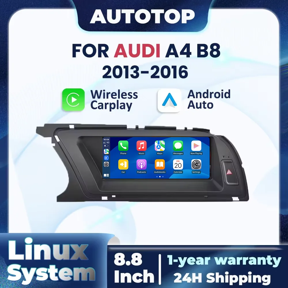 Radio para Auto con CarPlay Inalámbrico y Android Auto, Sistema Linux, Pantalla Táctil de 8.8 Pulgadas, Bluetooth, Mirror Link, Multimedia, Estéreo, para Audi A4 A4L B8 2013 2014 2015 2016 1