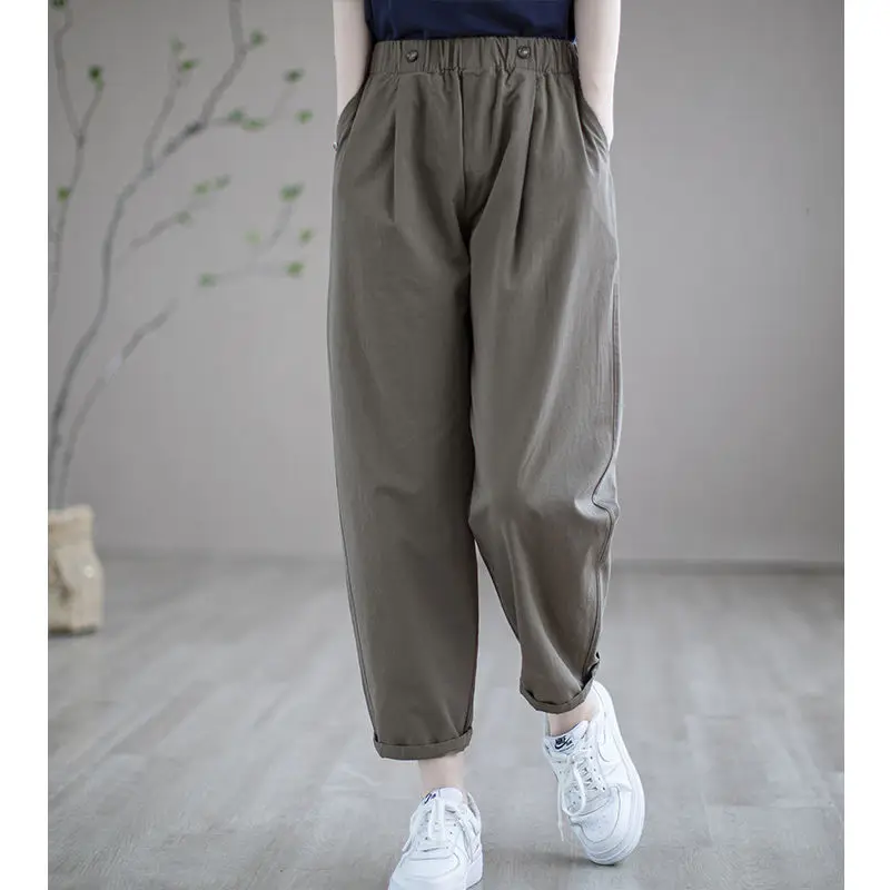 

2024 Women's Summer Fashion Cotton Linen Harem Pants Female Elastic Waist Loose Trousers Ladies Solid Color Pockets Pant C381