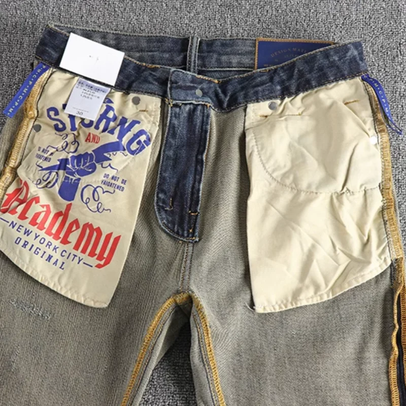 Men Jeans Nostalgia Washed Retro Embroidered Slim Straight Leg American Long Pants