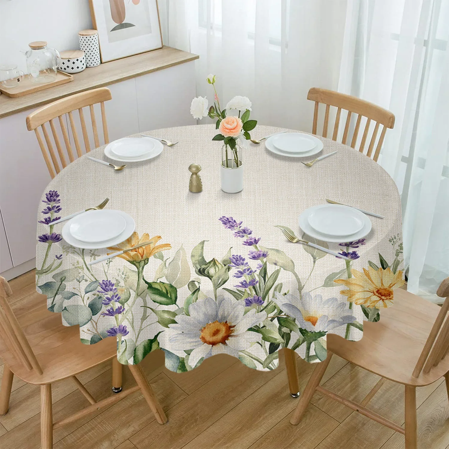 

Daisy Lavender Plant Flowers Waterproof Tablecloth Tea Table Decoration Round Table Cover for Kitchen Wedding Home Dining Room