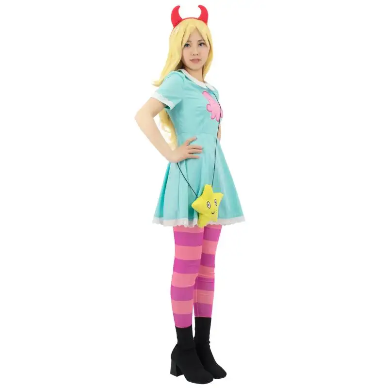 WENAM Girl's Princess Star Butterfly Cosplay Costume Green Dress Women's Halloween Anime Party Star Dress With Headwear and Bag