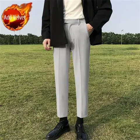 thumbnail image 1 of Pantalones de traje masculino elásticos de sastrería social con trenzas Pantalones de verano para hombre drapeados rectos fluidos ajustados elásticos de negocios elegantes, 1 of 5