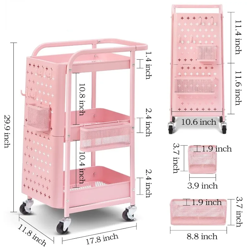 Storage rack Rolling storage cart 3-Tier Rolling Cart Metal Utility Cart Handle Lockable Wheels Hooks Bathroom Living Room