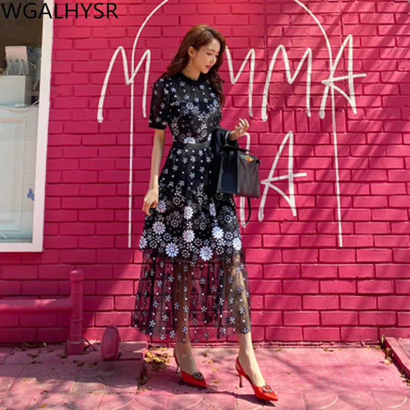 

2024 New Summer Women Elegant Round Neck Mesh Embroidery Flowers Dress Black Long Mid-calf Party Dresses Vestidos