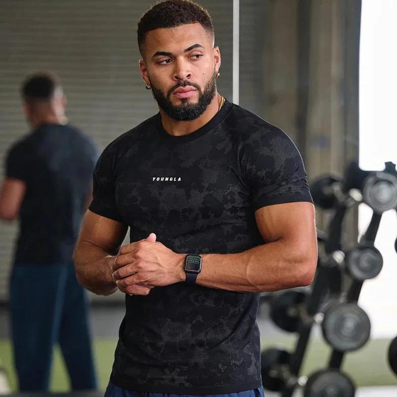

Men's T-shirt youngla summer new sports fitness tights Camo quick-drying breathable elastic short sleeves