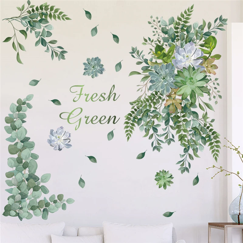 

Fresh Green Leaf Flower Wall Stickers For Shop Office Home Decoration Diy Tropical Plants Mural Art Pvc Decals Pastoral Posters