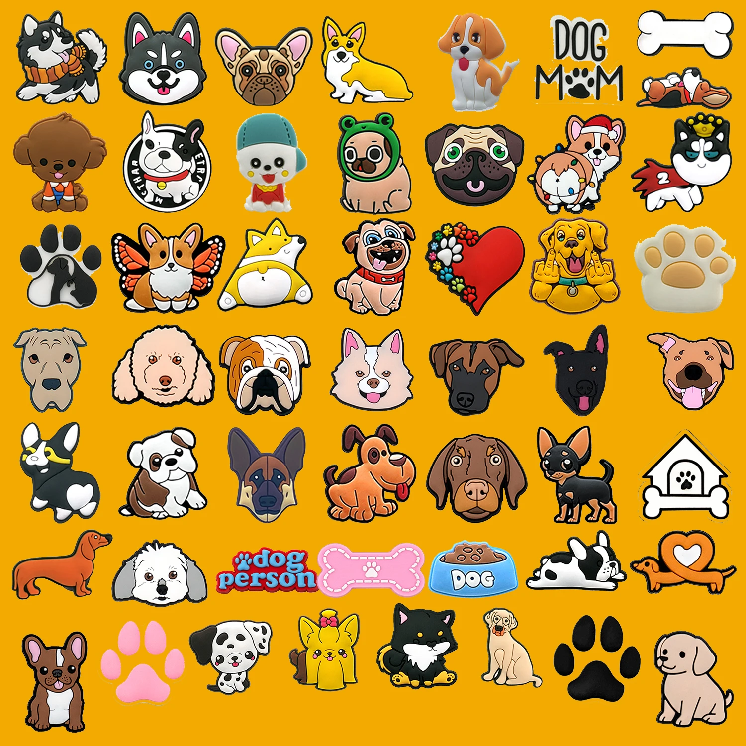40/50pcs dog shoe charms featuring cute puppy faces, bones, paw prints, food bowls and dog mom icons for Crocs and clogs