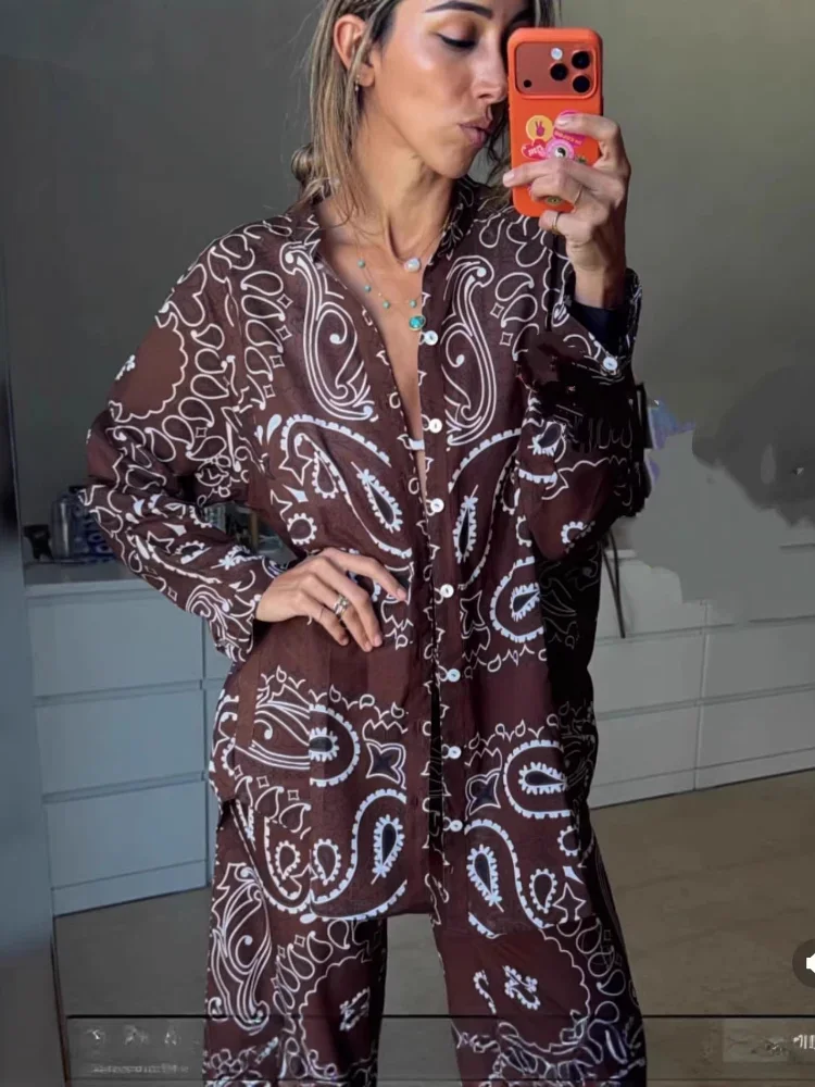 Ethnic Style Printing Shirt 2 Pieces Set Women Full Sleeves Single Breasted Blouses Pants Sets 2026 Lady Casual Vacation Outfits