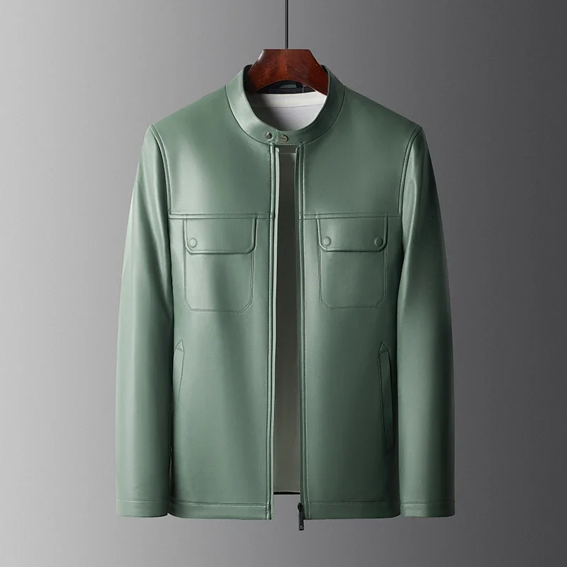 Winter Menswear Sheepskin Leather High-End Motorcycle Jacket Zipped Stand Collar Retro Green Fashion Casual Leather Jacket