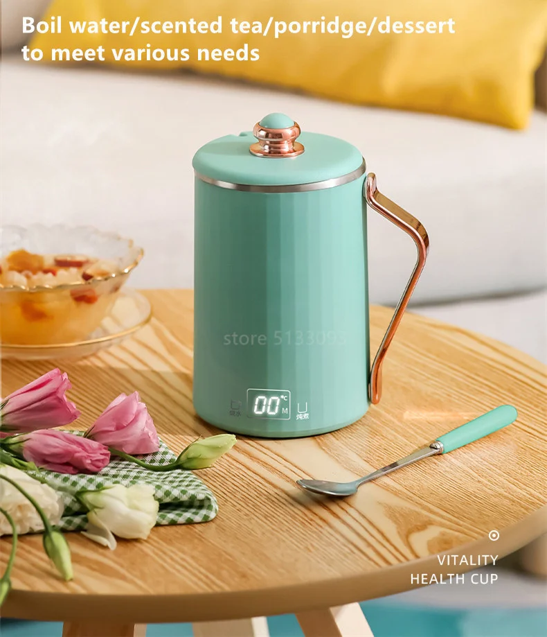 Description Picture 2 of item110V/220V Electric Kettle Portable Heating Cup Thermostat Heat Preserving Pot Electric Stew Cup Desktop Boiling Water Cup 450ML