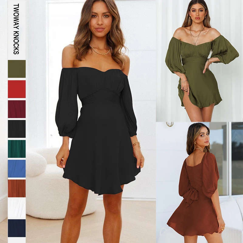 

High Quality Elegant Party Dresses For Women Sexy Off Shoulder Square Neck Lantern Long Sleeve Dress Fashion Puff Pleated Dress