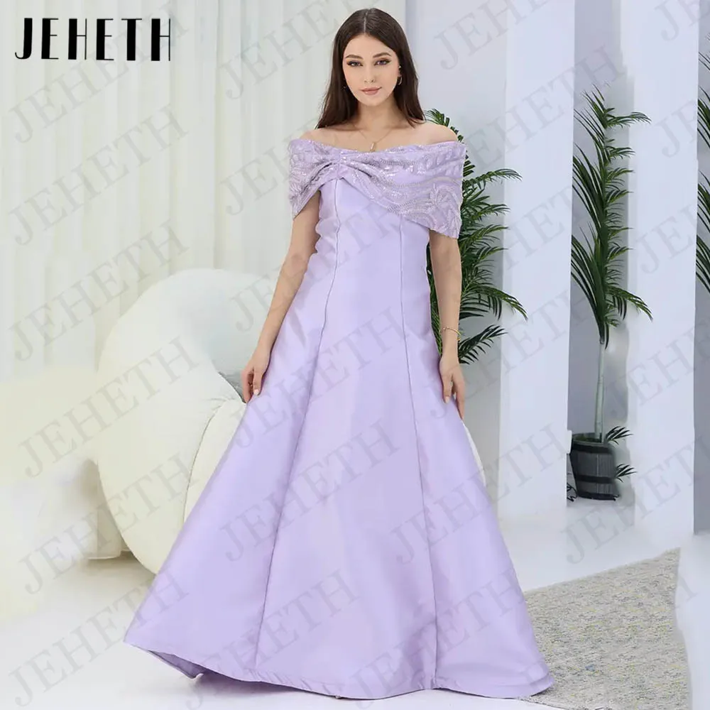 

JEHETH Lilac Prom Dresses Elegant Off The Shoulder Dubai abendkleider Lace A line Satin Formal Evening Party Gowns Saudi Arabic