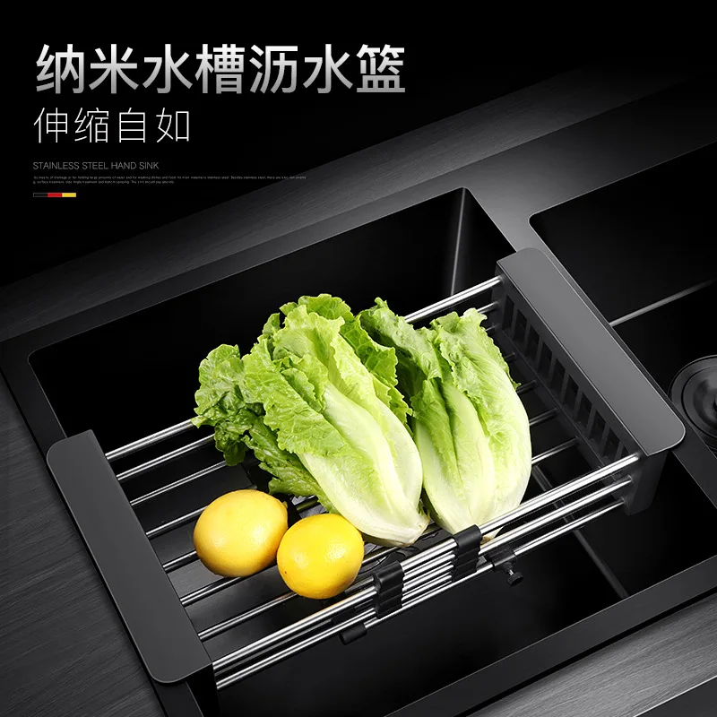 Kitchen black drainage basket stainless steel water filter basket sink telescopic basket dish sink drain rack drain basket stainless steel saddle type storage basket kitchen sink storage basket storage rack kitchen residual drain basket