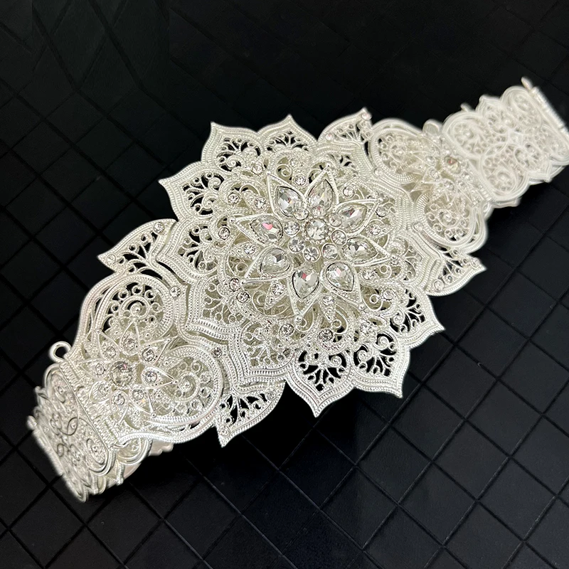 Vintage Gold Plated Caucasus Wedding Belts Hollow Flower Design Rhinestone Turkish Caftan Jewelry Muslim Metal Body Jewelry