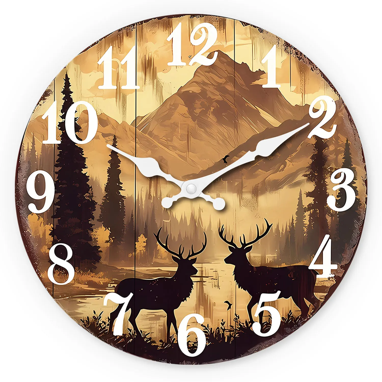 שעון קיר עץ אלק בעיצוב יער, עגול שקט בגודל 10-16 אינץ', מופעל באמצעות סוללות AA, מתאים לסלון, חדר שינה, משרד, קישוט חיצוני (לא כולל סוללה)