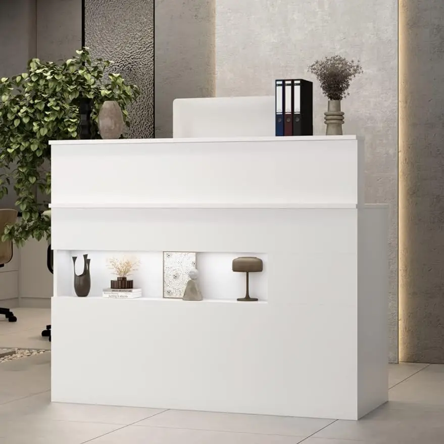 Reception Desk with Counter, Retail Counter with Lighted Display Shelf&Lockable Drawers,for Salon Reception Room Checkout Office 60 pcs shelf labels reusable plastic signs holders clip on shelf retail price tags display labels merchandise stands