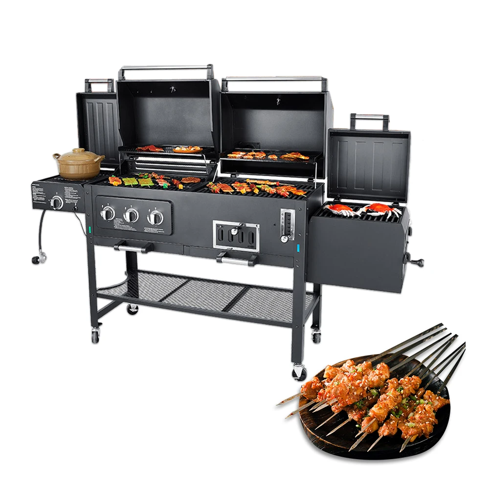 American Outdoor Garden Large Gas And Charcoal Grill Combo Smokeless Barbecue Bbq Commercial Grill Trolley With Smoker Oven argentine ceramic bbq grill smokeless charcoal custom barbecue donut boat pizza bbq grill