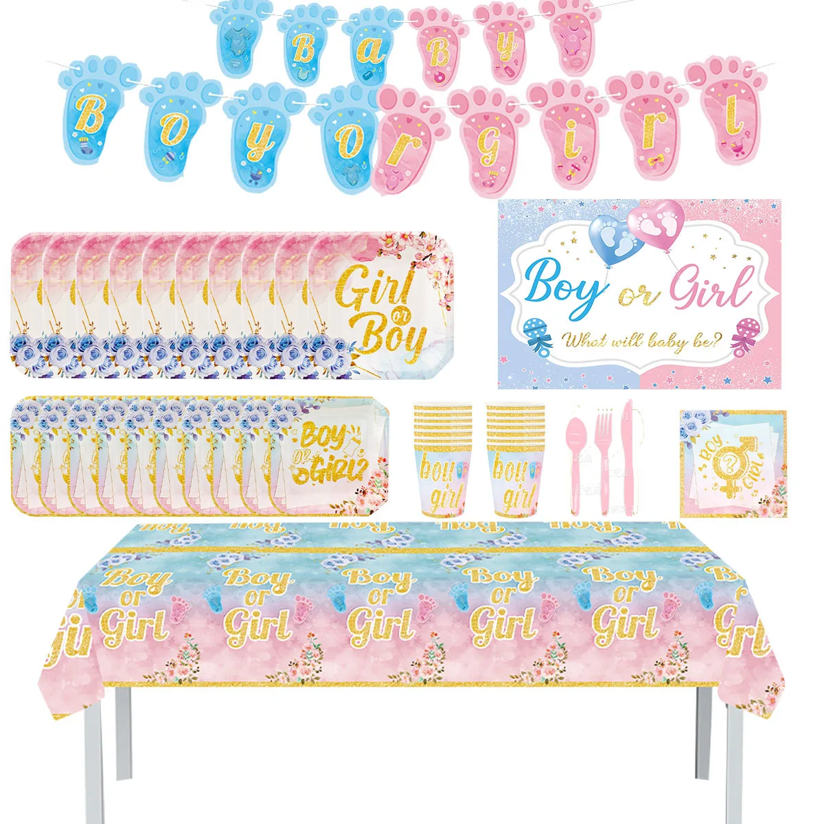 

Charm Pink Blue Golden Boy Girl Gender Reveal Baby Shower Party Disposable Tablewares Set Paper Plates Cups Banner Balloon Decor