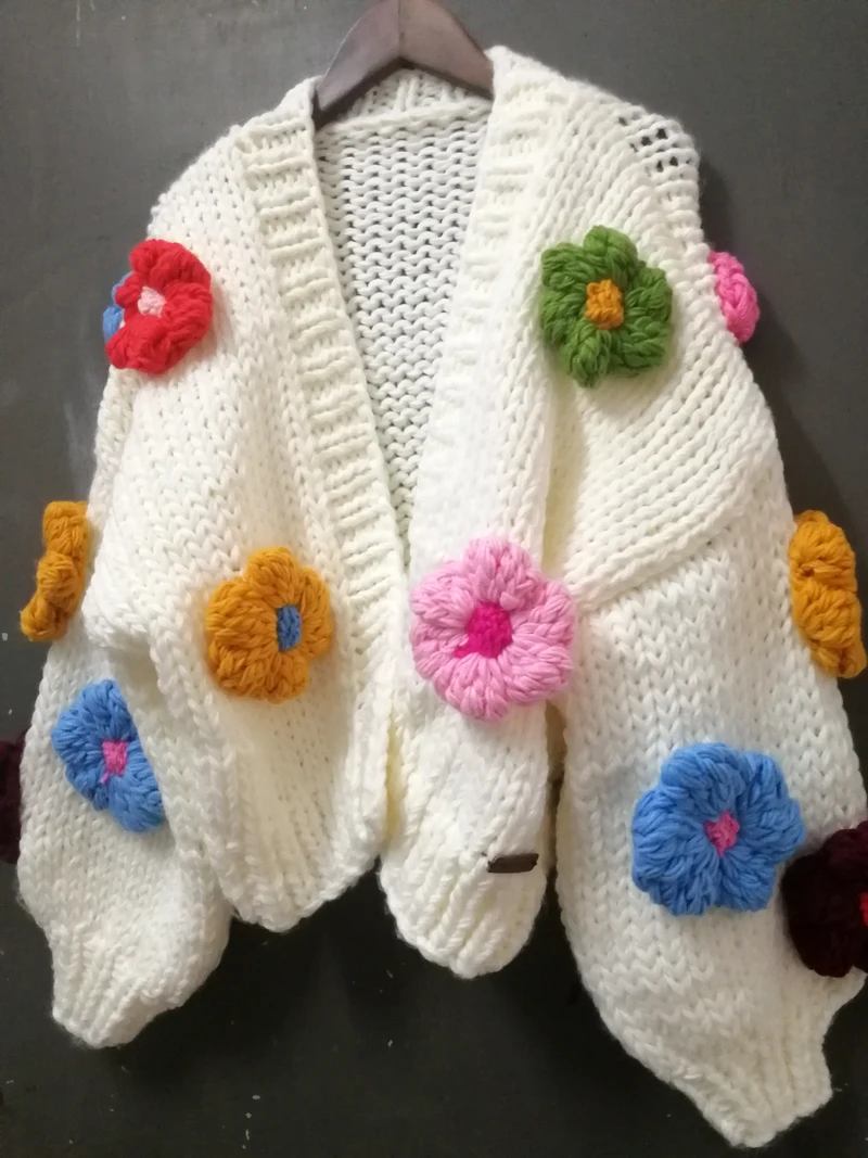 Boho Inspired chunky cardigan women long sleeve bloom knit 3D floral cardigan coat loose winter warm cardigan sweater 5