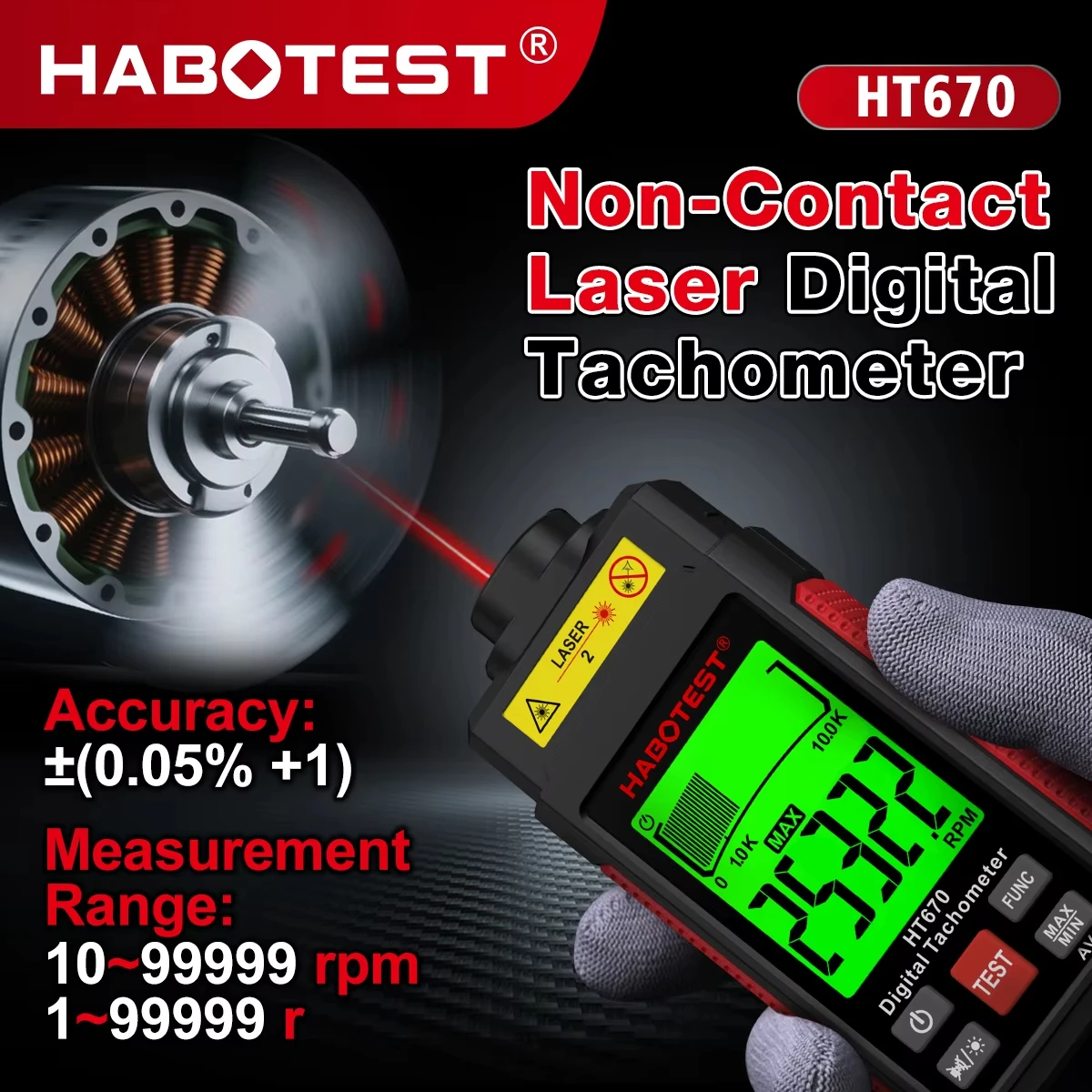 HABOTEST HT670 Digital Laser Tachometer Non-Contact RPM Meter 2.5-99999RPM with LCD Backlight for Motor Engine Speed Measurement