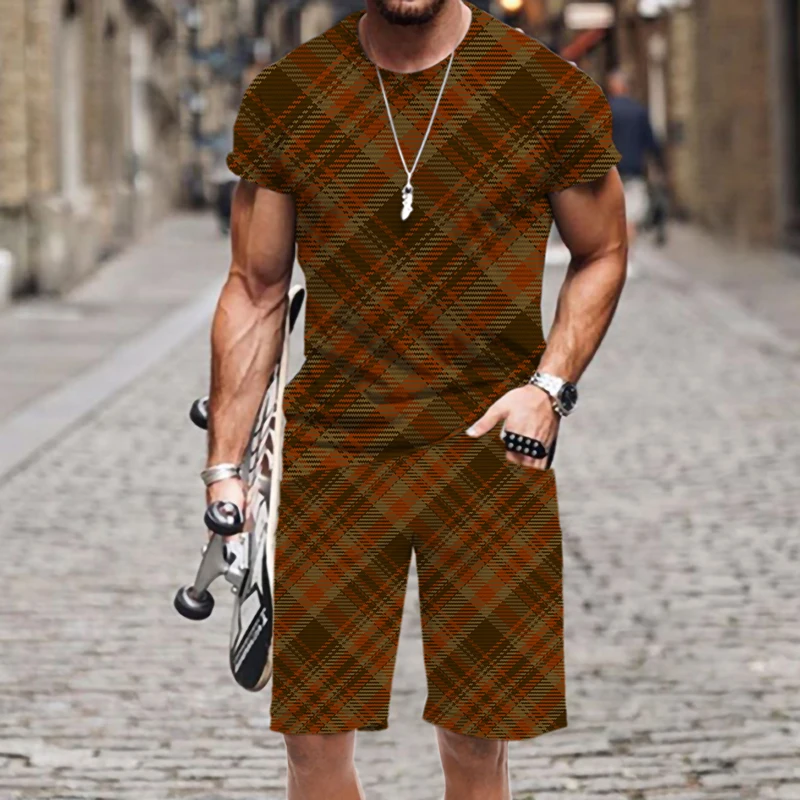 

Men's T-shirt Set Plaid Stripe Pattern Funny Sportswear Harajuku O Neck Summer 2022 New Outfit Street 3D Printed Casual Tops