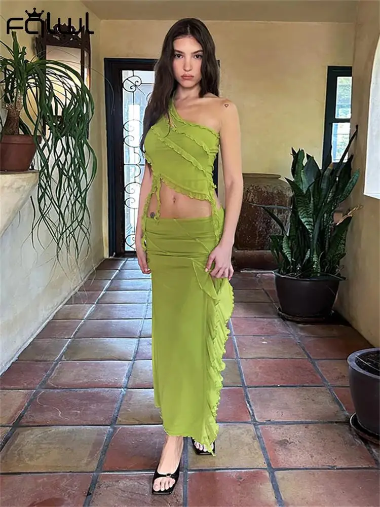 

Habbris Green Tassel Strapless Two Piece Skirt Set Vacation Beach For Women 2023 Autumn White One Shoulder Bodycon Top Skirt Set