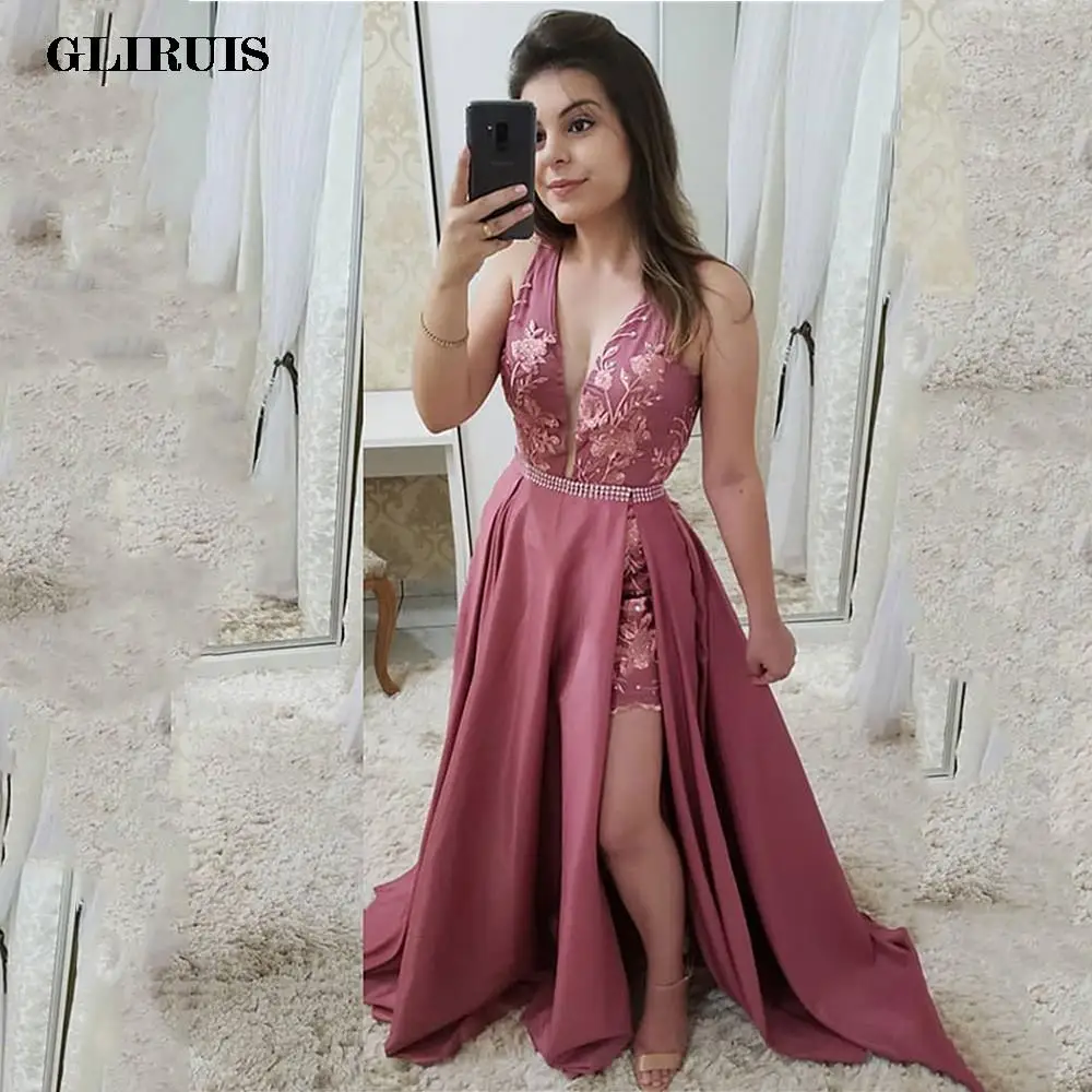 

Two Pieces Detachable Train Evening Dress V Neck Lace Appliques Pearls Prom Gowns Short Girls Formal Party Dress