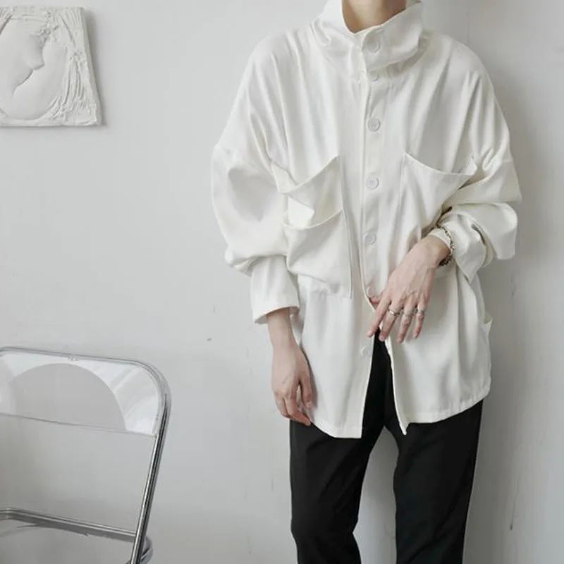 

Рубашка мужская с высоким воротником, модная свободная сорочка в стиле ретро, с большими карманами и длинными рукавами, однотонная дизайнерская Повседневная, в Корейском стиле, на осень