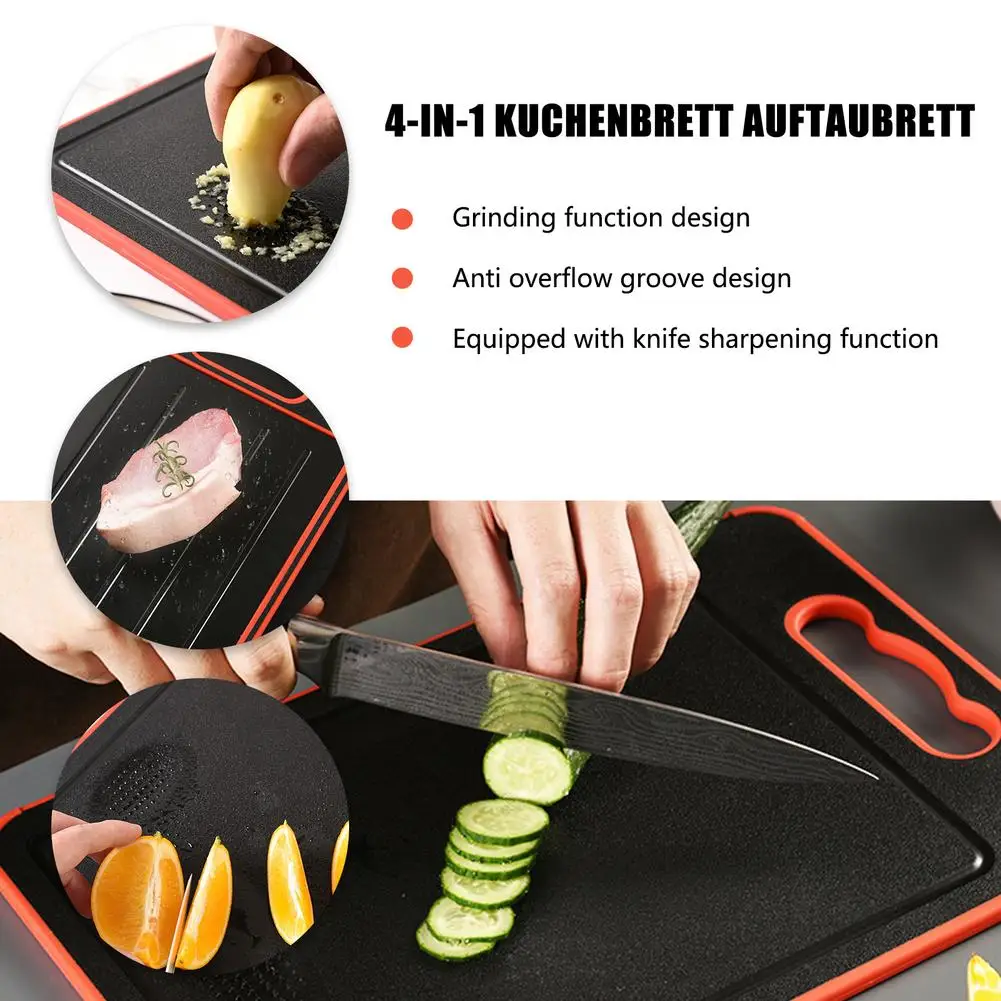 4 in 1 Defrosting Tray for Frozen Meat with Cutting Board, Knife Sharpener  & Garlic Grater - Rapid Dethawing Defroster & Non-Slip Red Chopping Boards
