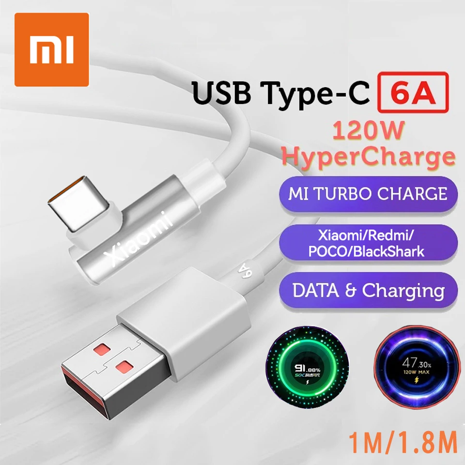 Xiaomi-Chargeur turbo d'origine, câble USB C, câble coudé 90, résistant, charge  rapide, Redmi Note