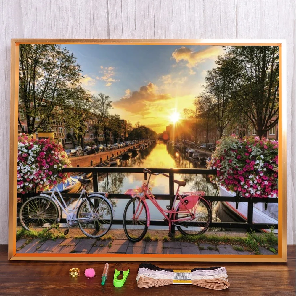 

Adults Crafts Cross Stitch Kit 14ct 11ct Bicycle Landscape Print Canvas Hand Sew Cross-stitching Embroidery Handmade Needlework