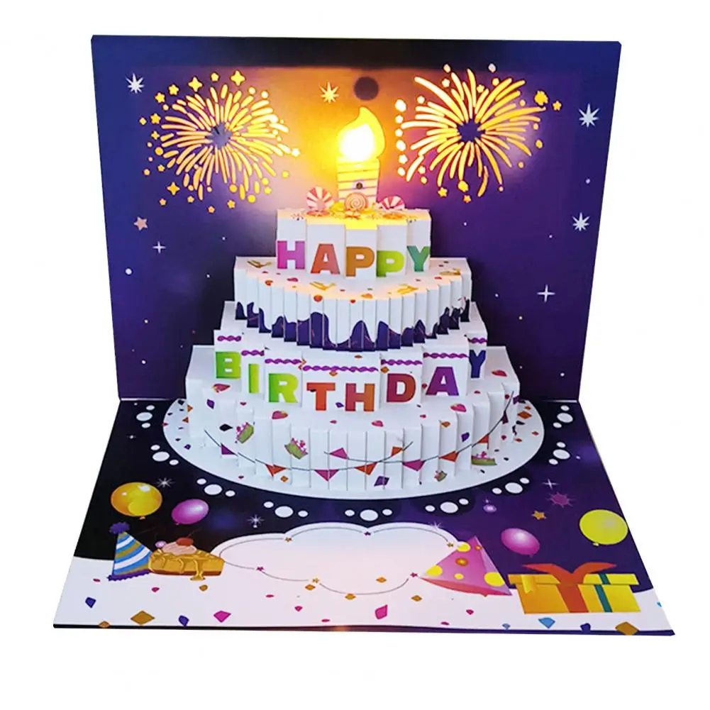 3D Fly-out Birthday Card Light Music Happy Birthday Glowing Greeting Card With Cake Design Interactive 생일 카드