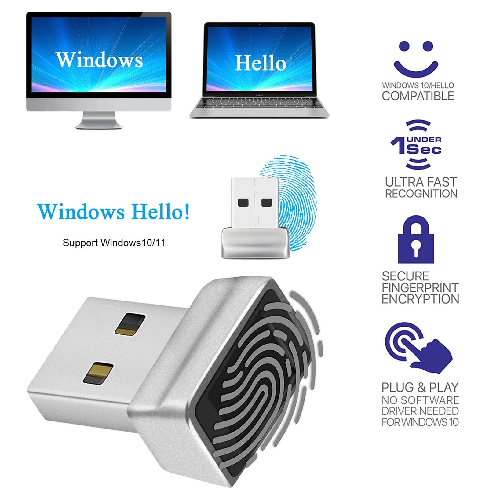 USB Fingerprint Reader for Windows Hello Biometric Security