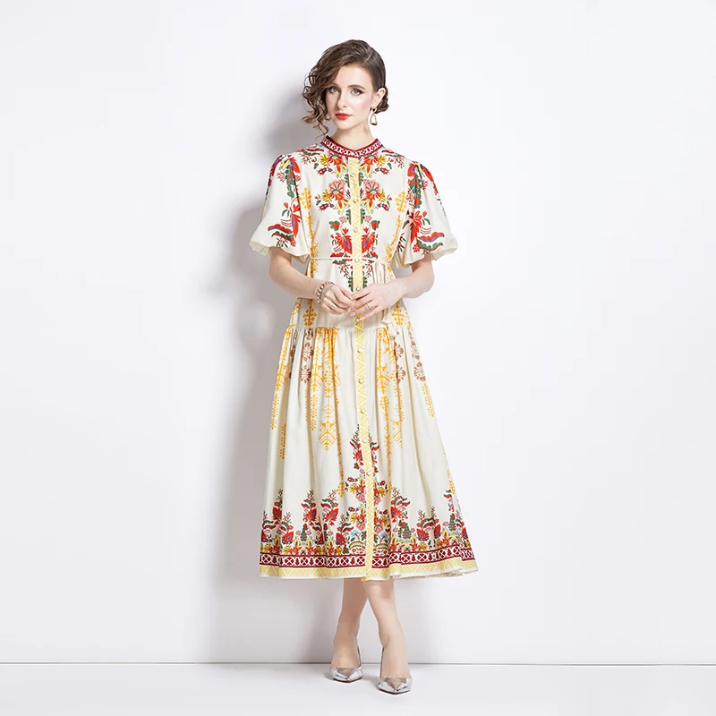 

Summer Holiday Flower Linen Robe Dress Women Short Sleeve Stand Belt A-Line Boho Party Vestido Pearls Buttons Up Maxi Clothes