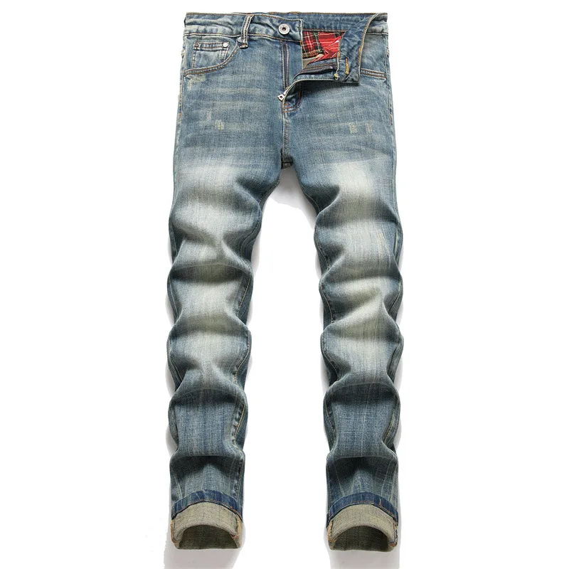 

European American Style Fashion Brand Blue Men's Plaid Jeans Hip Hop Streetwear Cotton Denim Pants Slim Fit Male Casual Jeans