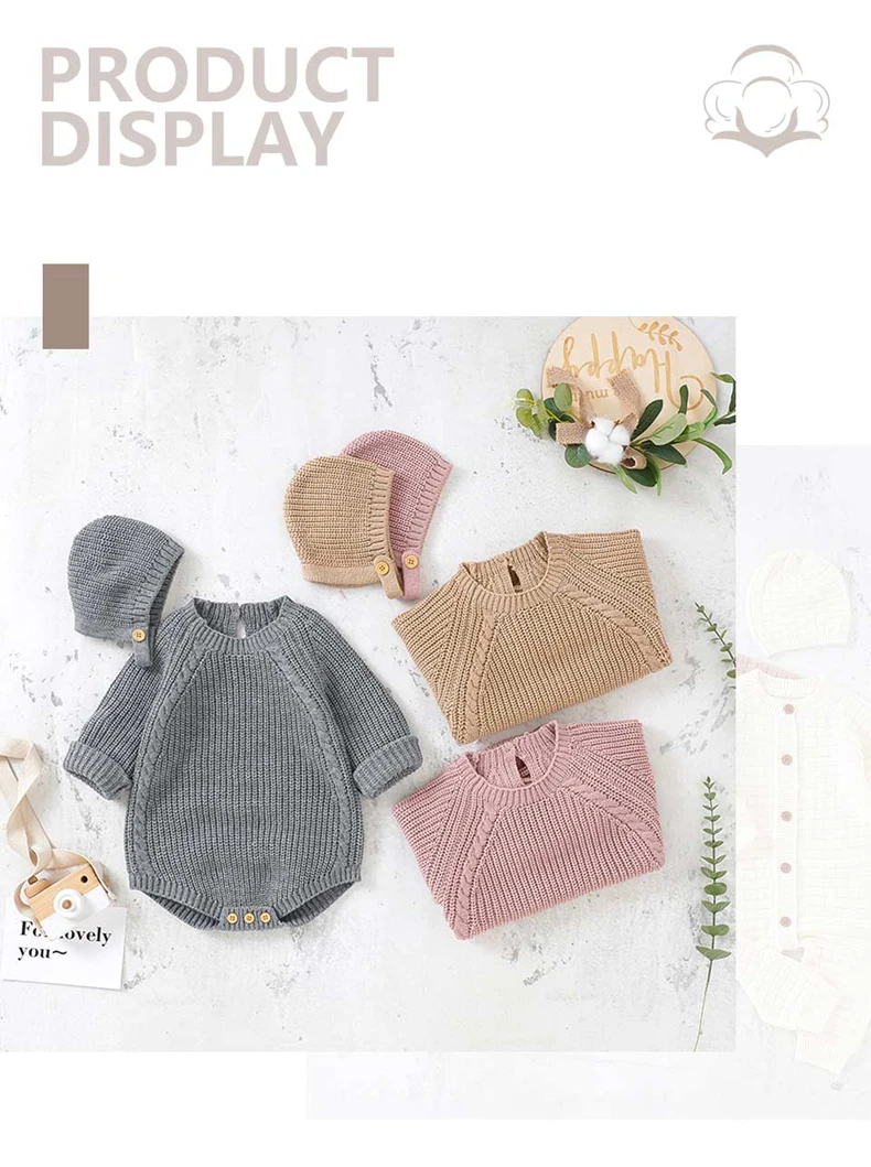 Autumn Baby Bodysuits Clothes Winter Solid Long Sleeve Knit Newborn Boys Girls Onesie Hats Outfits 0-18m Infant Netural Costumes