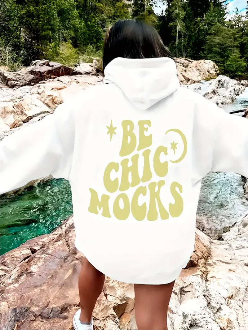 Be Chic Mocks Letter Print Preppy Hoodie Casual Drawstring Hooded Sweatshirt Vintage Y2K Aesthetic Harajuku Simple Pullover