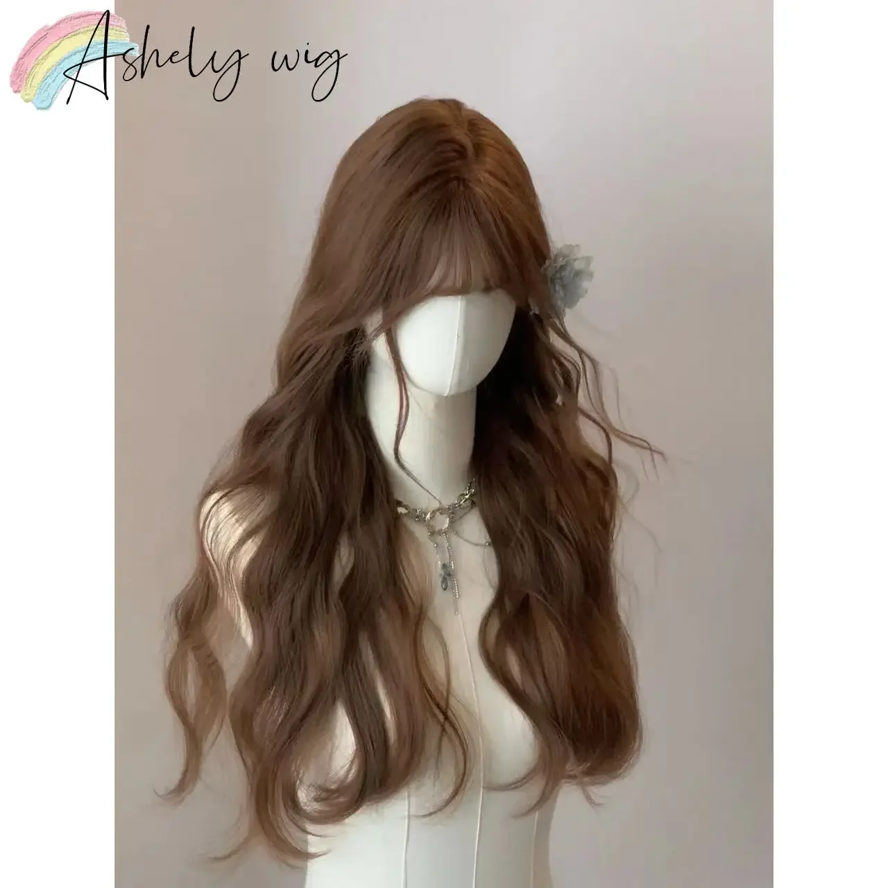 Brown Wig with Bangs Long Curly Wavy Natural Hair for Women 24inch Heat-resistant Fiber Synthetic Wigs Cute Lolita Wig Peruca