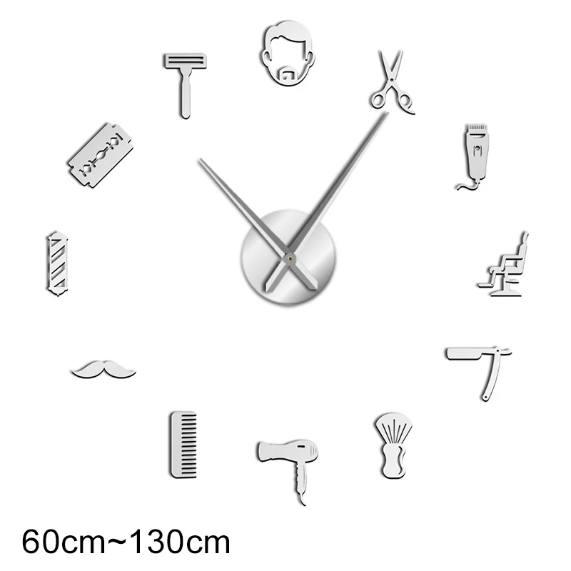 Barber Shop Giant DIY Wall Clock Modern Design Barbershop Decoration 3D DIY Wall Mirror sticker Hair Stylist Hairdresser Gift 
